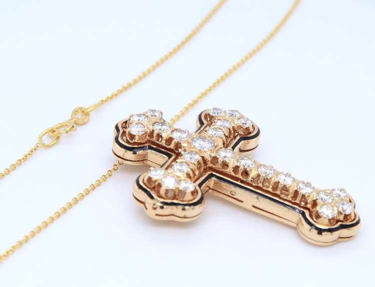 Dreamy Yellow Gold Round Brilliant Cut Enamel Diamond Cross Enhancer Pendant on Chain