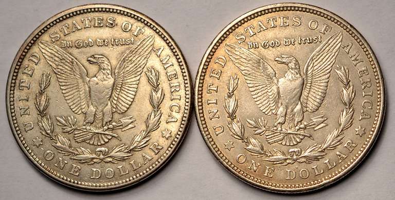 1921 Morgan Silver Dollars Denver And San Francisco Mints, Circulated.