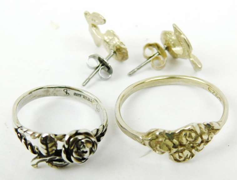 2 Sterling Silver Rose Rings & Earrings