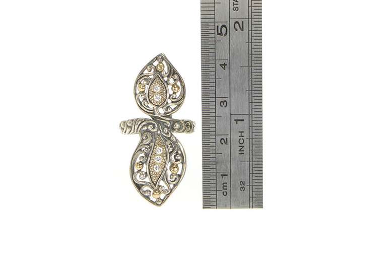 Sterling Silver Two Tone 18k Gold Filigree CZ Bypass Vine Ring