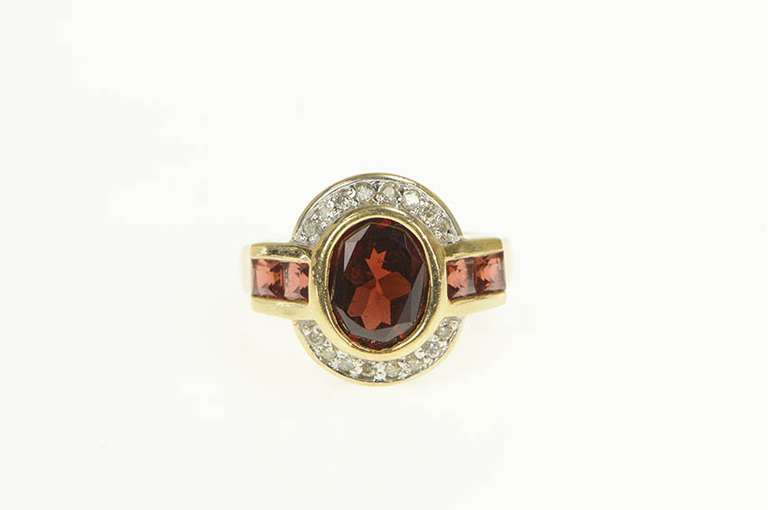 14K Yellow Gold Oval Garnet Diamond Halo Princess Statement Ring