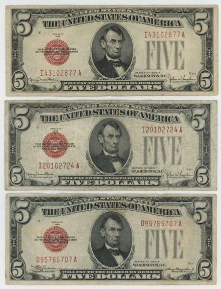 3 Nice and collectible Series of 1928 $5 Red Seal Notes