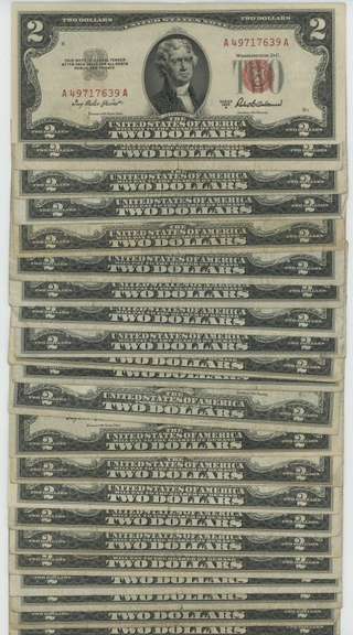 Large lot of 22 Series of 1953 $2 Red Seal Notes