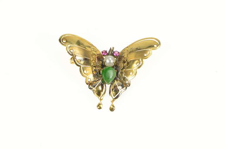 14K Yellow Gold 1950's Jade Pearl Syn. Ruby Butterfly Pin/Brooch
