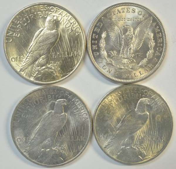 Choice BU 1921 Morgan and 1922 to 1924 Peace Dollars. 4pcs