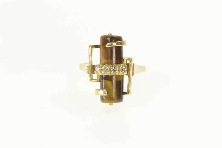 14K Yellow Gold 1960's Tiger's Eye Diamond Geometric Abstract Ring