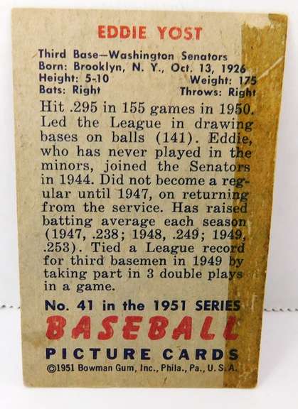 Eddie Yost Senators 1951 Bowman Baseball Card