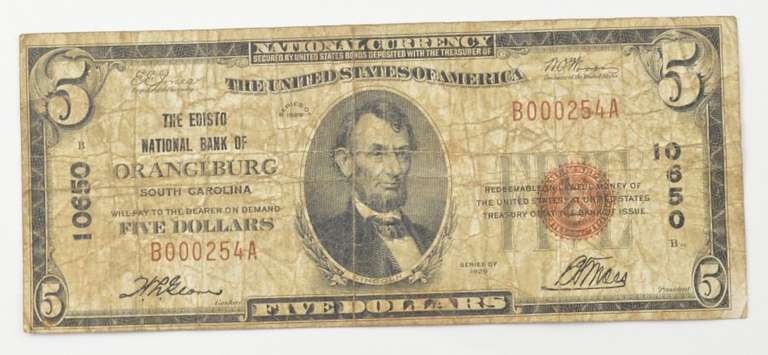1929 $5 National Currency Orangeburg, SC - United States Note - 10650