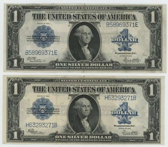 2 Upper end 1923 Series Large size $1 Silver Certificates