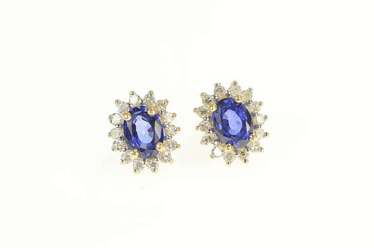 14K Yellow Gold Oval Syn. Sapphire Diamond Halo Stud Earrings