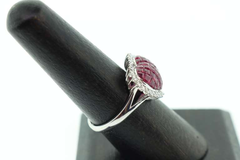 Intensely Romantic Ruby Cluster 18k White Gold Heart Ring rimmed with Diamonds