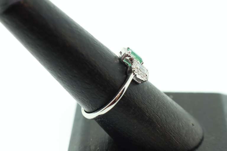 Twin Pair Emerald and Baguette Diamond Ring with 18k White Gold