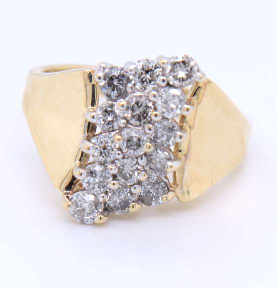 Gorgeous Yellow Gold Round Brilliant Cut Waterfall Diamond Cluster Ring