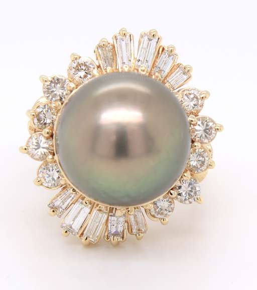Incredible Yellow Gold Tahitian Pearl and Diamond Ring