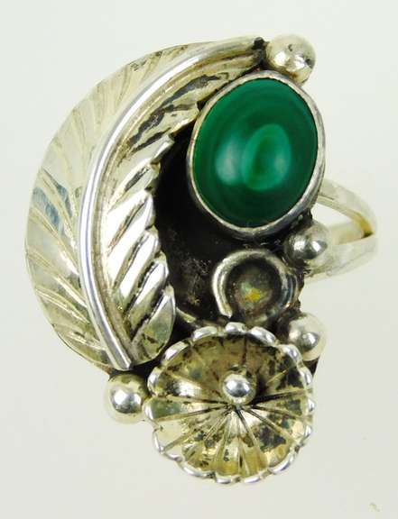Sterling Navajo Malachite Squash Ring, Size 6.5