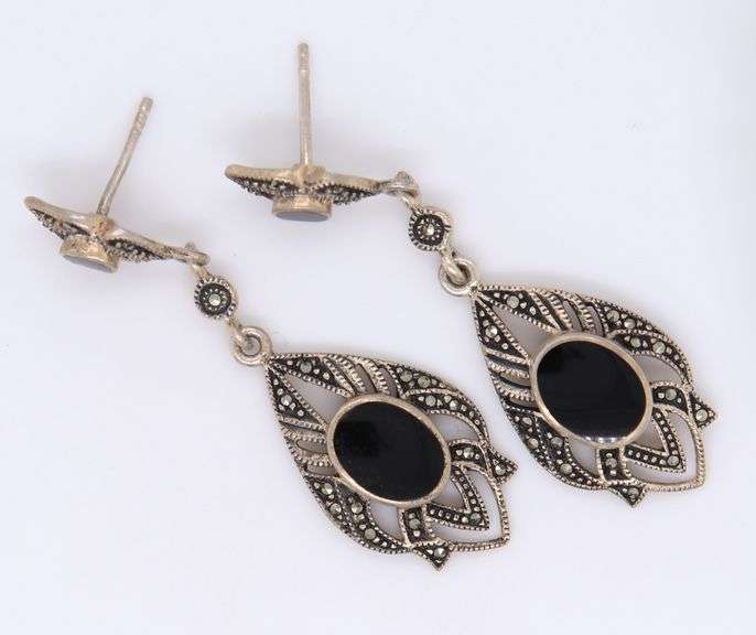 Vintage 925 Sterling Silver Black Onyx and Marcasite Dangle Earrings