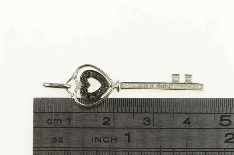 14K White Gold Black & White Diamond Heart Skeleton Key Pendant
