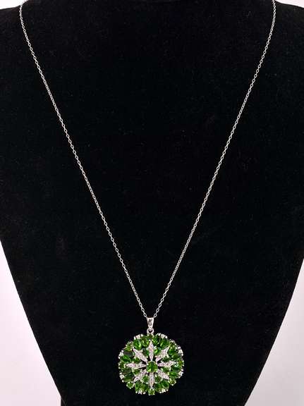 Amazing Green & White Crystal Pendant & Chain, Sterling