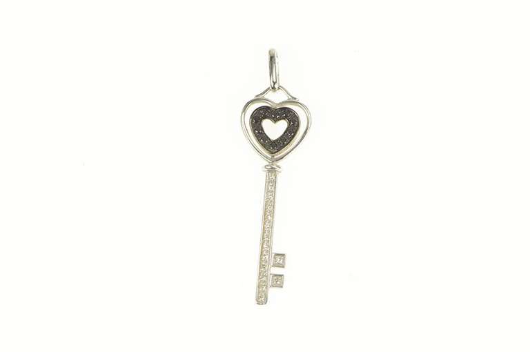 14K White Gold Black & White Diamond Heart Skeleton Key Pendant