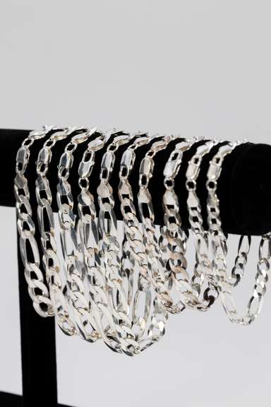 Sterling Silver - Italy Stamped - Super Flats - Curb / Figaro Mixed Lot - 10 Chain Bracelets - 6.7mm to 11.4mm Wide - 8 to 10 Inch