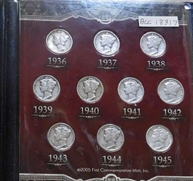 Mercury Dime Set, 10 coins, covering the World War Two era.