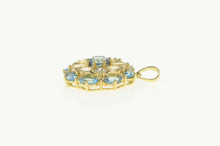 14K Yellow Gold Blue Topaz CZ Diamond Accent Round Cluster Pendant