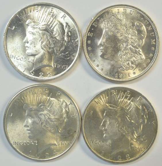 Choice BU 1921 Morgan and 1922 to 1924 Peace Dollars. 4pcs