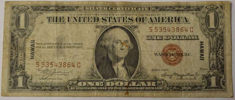 Series 1935A $1 Silver Certificate Hawaii WW2 Emergency Note, Circulated.