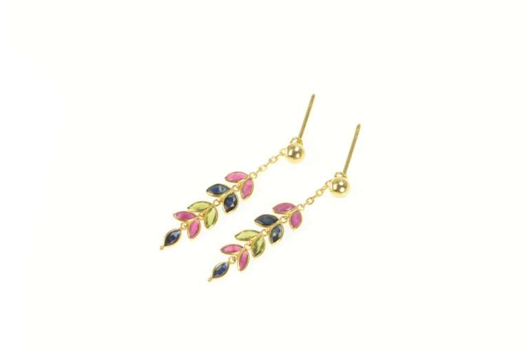 18K Yellow Gold Peridot Sapphire Ruby Leaf Dangle Stud Earrings