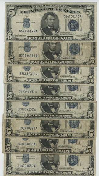 8 Series of 1934 $5 Blue Seal Silver Certificates. Circs