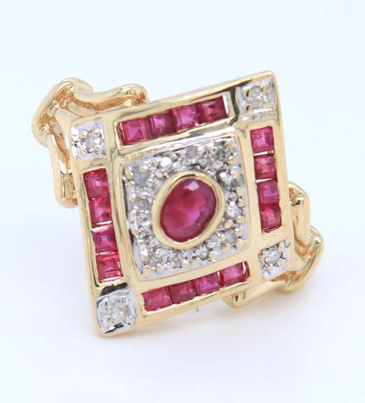 Pleasing Yellow Gold Ruby and Diamond Deco Style Ring