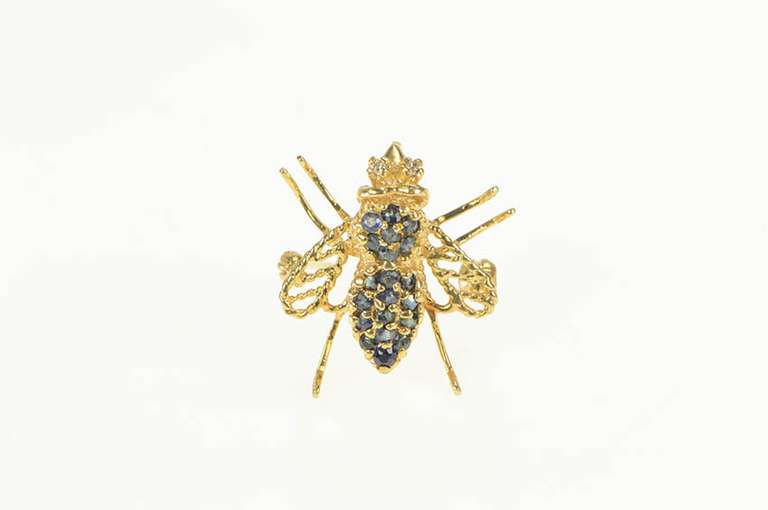 14K Yellow Gold Pave Sapphire Diamond Bee Fly Insect Pin/Brooch