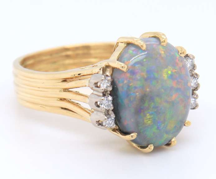Vintage Yellow Gold oval Opal and Diamond Ring