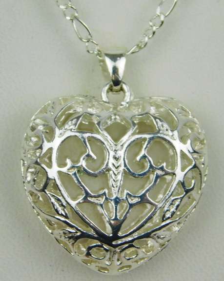 Sterling Silver Filigree Puffy Heart Pendant & Chain
