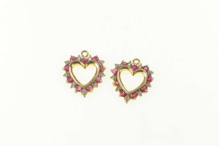 14K Yellow Gold Ruby Diamond Heart Love Symbol Earring Jackets