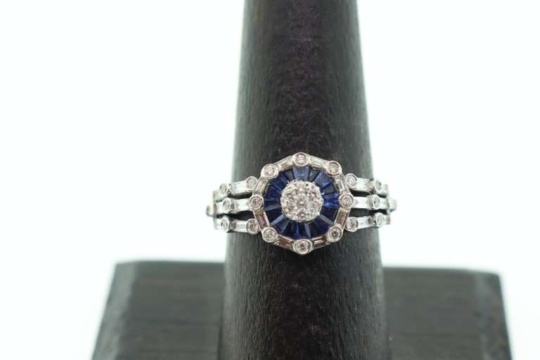 Illustrious 18k White Gold Diamond Cluster Ring with Sapphire Moat