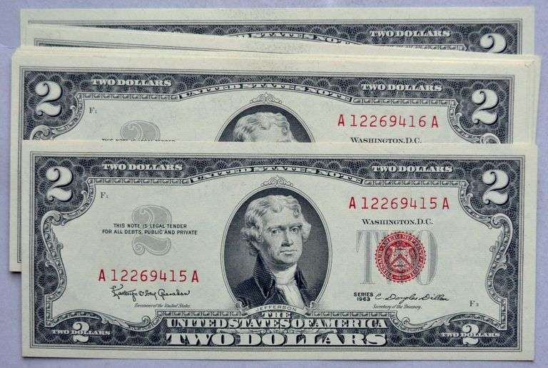 10 Consecutive 1963 CH CU $ 2 Red Seal US Notes