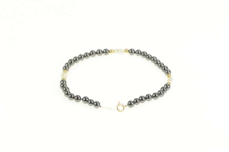 14K Yellow Gold Hematite Pearl Beaded Classic Statement Bracelet