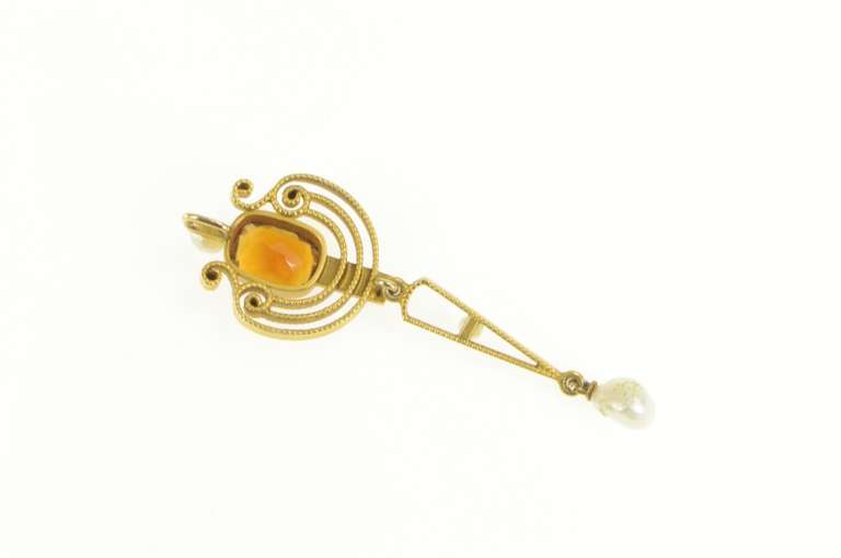 14K Yellow Gold Victorian Citrine Pearl Filigree Statement Pendant