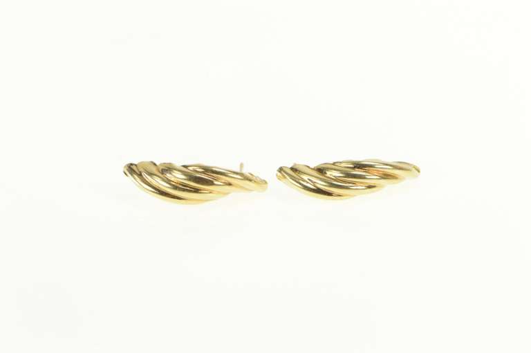 14K Yellow Gold Retro Curved Twist Design Semi Hoop Vintage Earrings