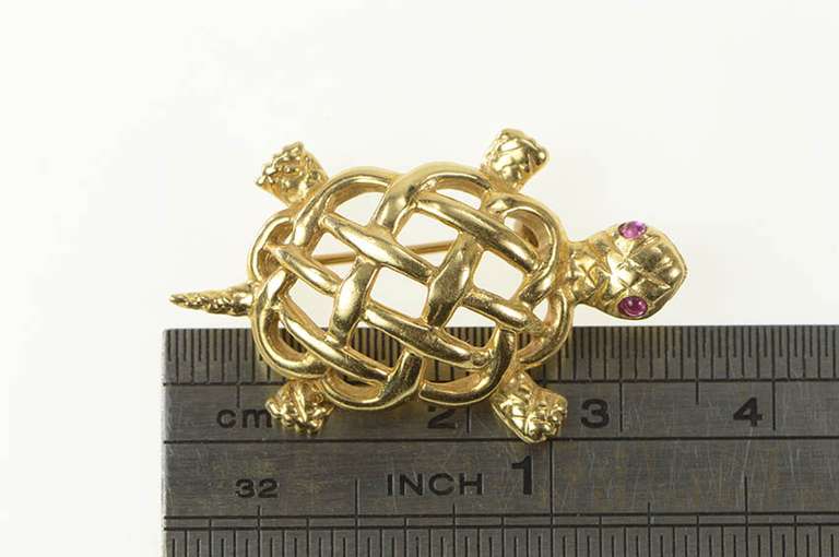 14K Yellow Gold Ruby Eyed Turtle Woven Tortoise Celtic Knot Pin/Brooch