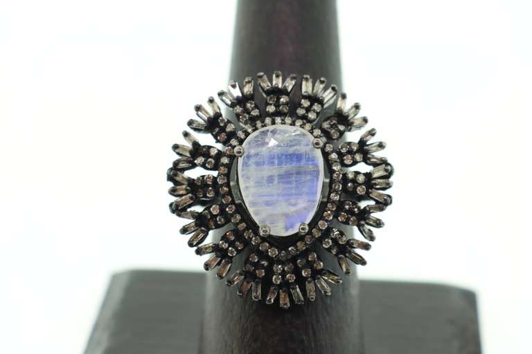 Elegant Sterling Silver Diamond Studded Glass Ring