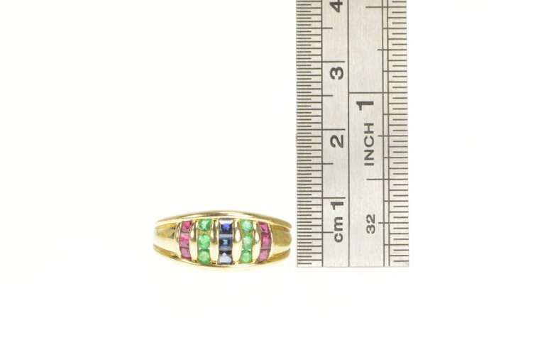 18K Yellow Gold Princess Sapphire Ruby Emerald Striped Band Ring