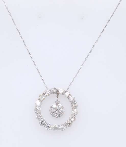 Eyecatching White Gold Diamond Circle with Diamond Cluster Dangle Pendant on Chain