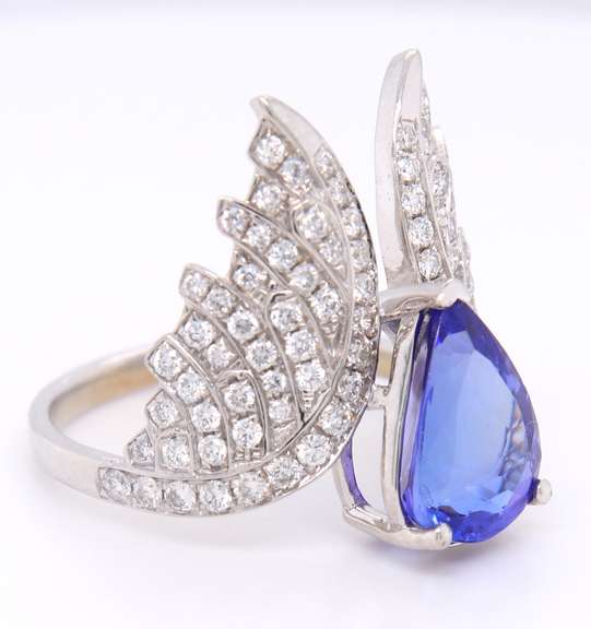 Fantastic White Gold Pear Shaped Tanzanite and Diamond Wings Ring
