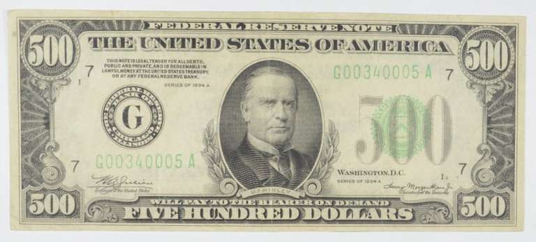 1934-A $500 Chicago, Illinois US Federal Reserve Note - Green Seal