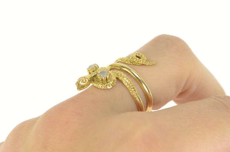 18K Yellow Gold Victorian Moonstone Eyed Snake Serpent Ring