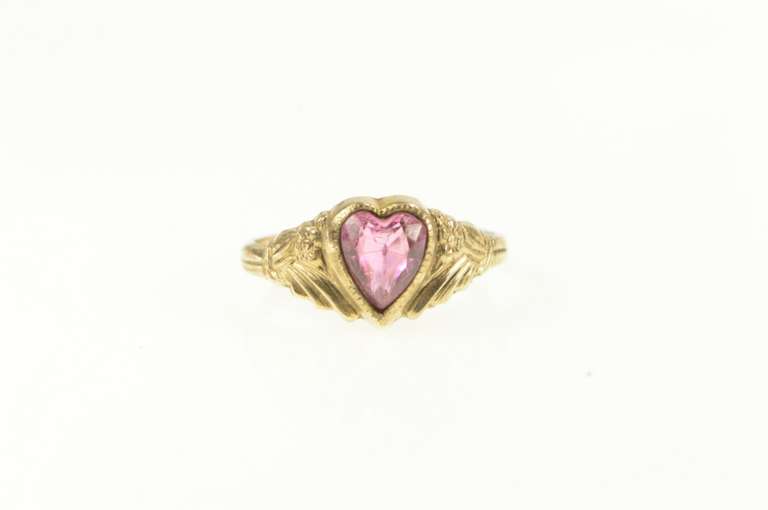 Gold Filled Victorian Syn. Pink Sapphire Heart Floral Ring