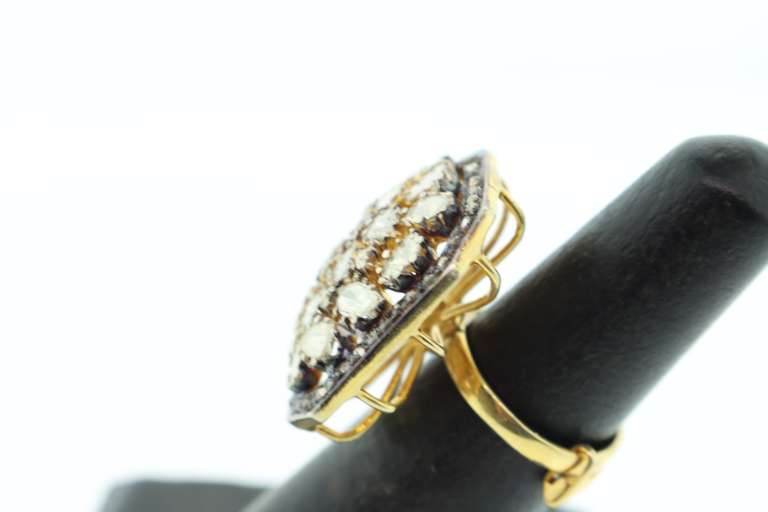 Exquisite Mine Cut Diamond Cluster Ring with Gold Plated Silver and Diamond Accents