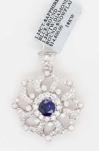 New 1.25ct Round Sapphire and 1.39ctw Diamond Snowflake Pendant in 18K
